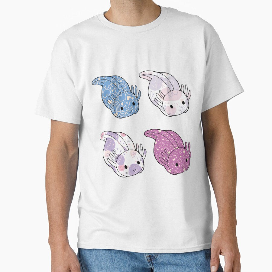 Cute Kawaii Baby Chibi Axolotl in Blue Pink and Purple Pastel Patterns by InkMemories