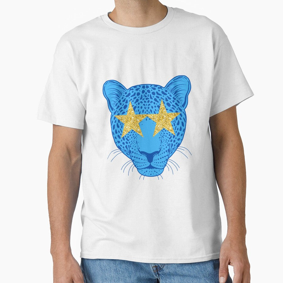 Star eyed preppy cheetah / panther / tiger with gold glittery eyes in blue by SUUSCK ★