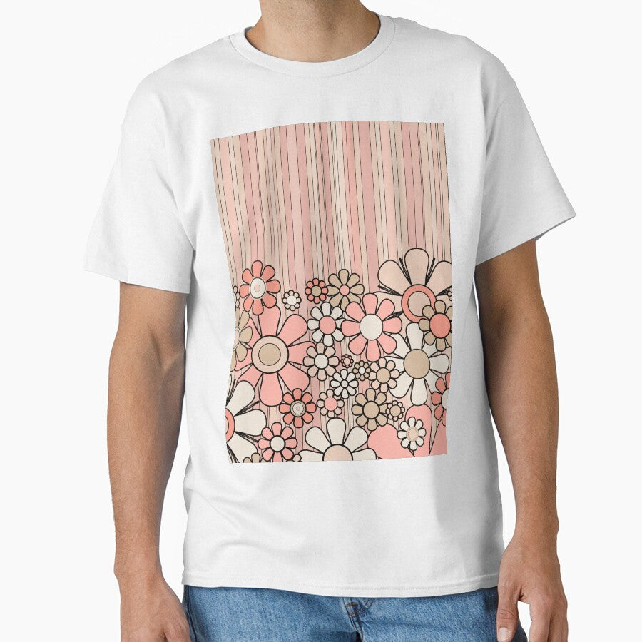 Groovy Retro Garden Flowers and Stripes Vintage Aesthetic Blush Pink and Black Floral Pattern by kierkegaard