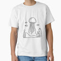 A jellyfish drifting near a coral reef, with small fish swimming around it by rasagamastore