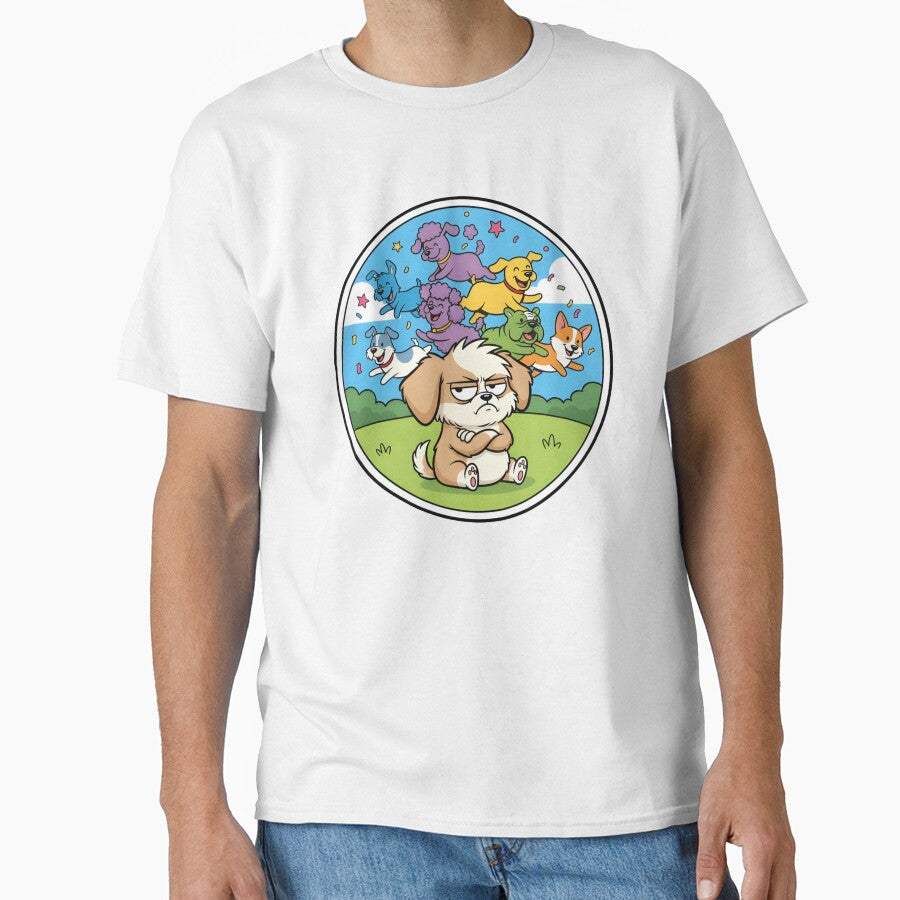 Chaotic Dogs Retro 70s T-Shirt – Stacked Cartoon Dogs Bubble Font Graphic  Cool Teal Blue Purple Design by ZyxDes