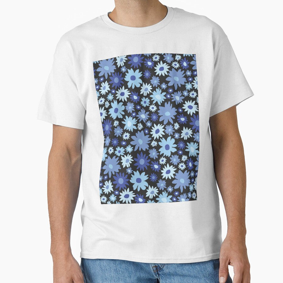 RETRO GROOVY AND FUN FLOWERS BLACK AND BLUE by blomastudios