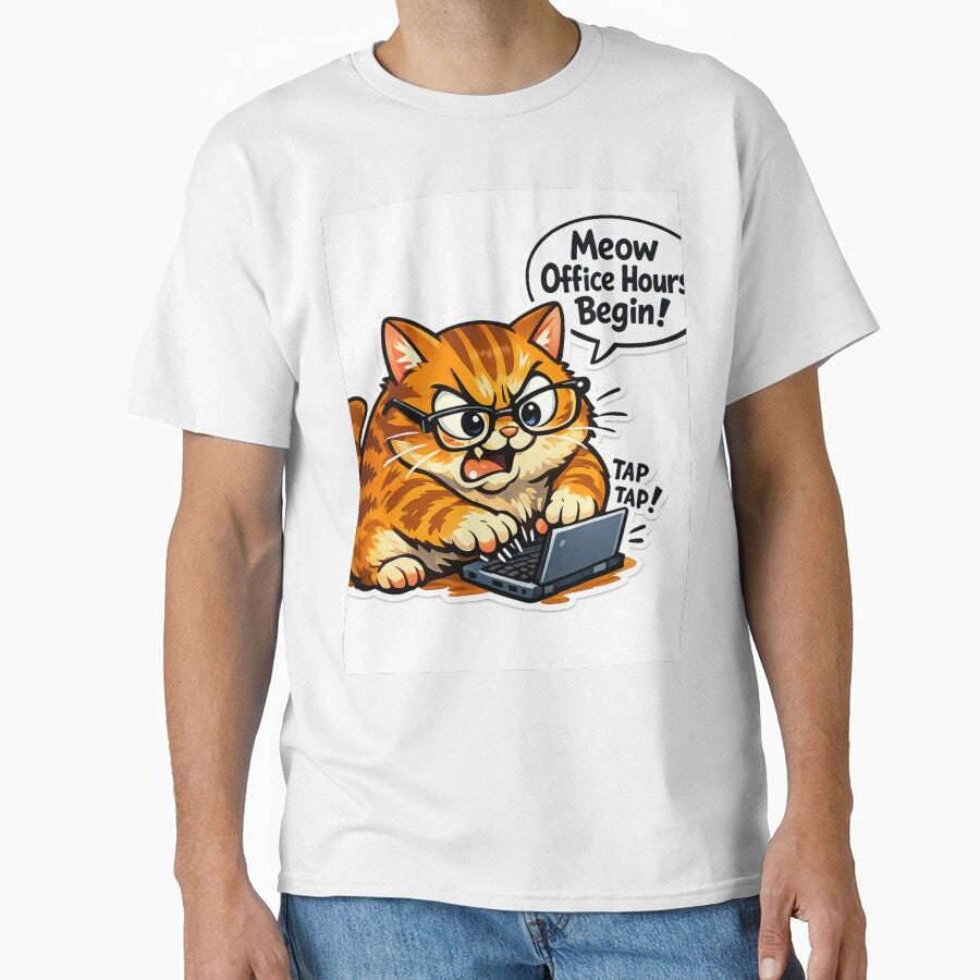 Meow Office Hours Begin – Funny Chubby Cat Working on Laptop Sticker by VibeVauilt