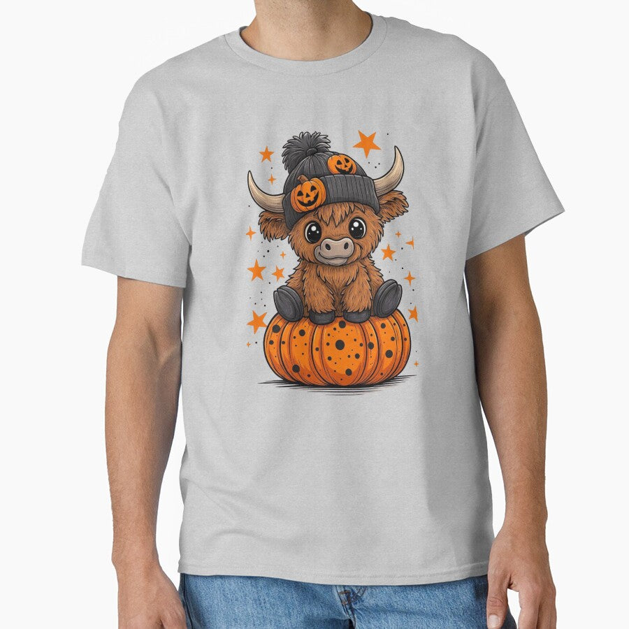 Cute Halloween Highland Cow with Pumpkin – Kawaii Spooky Cow by anemiche