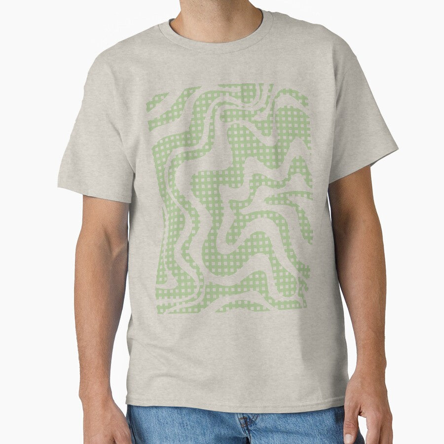 Retro Liquid Swirl Abstract Gingham Check Pattern Light Sage Green and Cream by kierkegaard