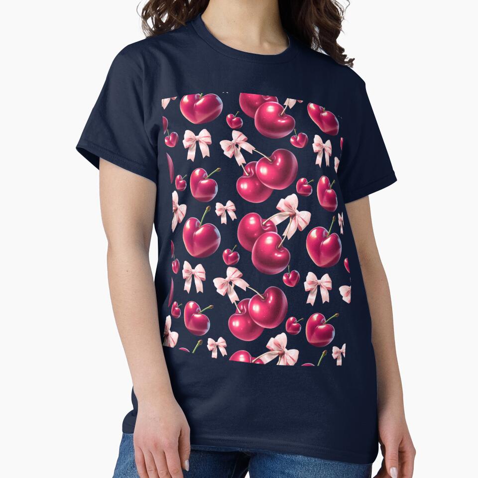 Coquette Cherry Pattern Pink Bow Aesthetic Soft Girl Tshirt by HopeAndHustle