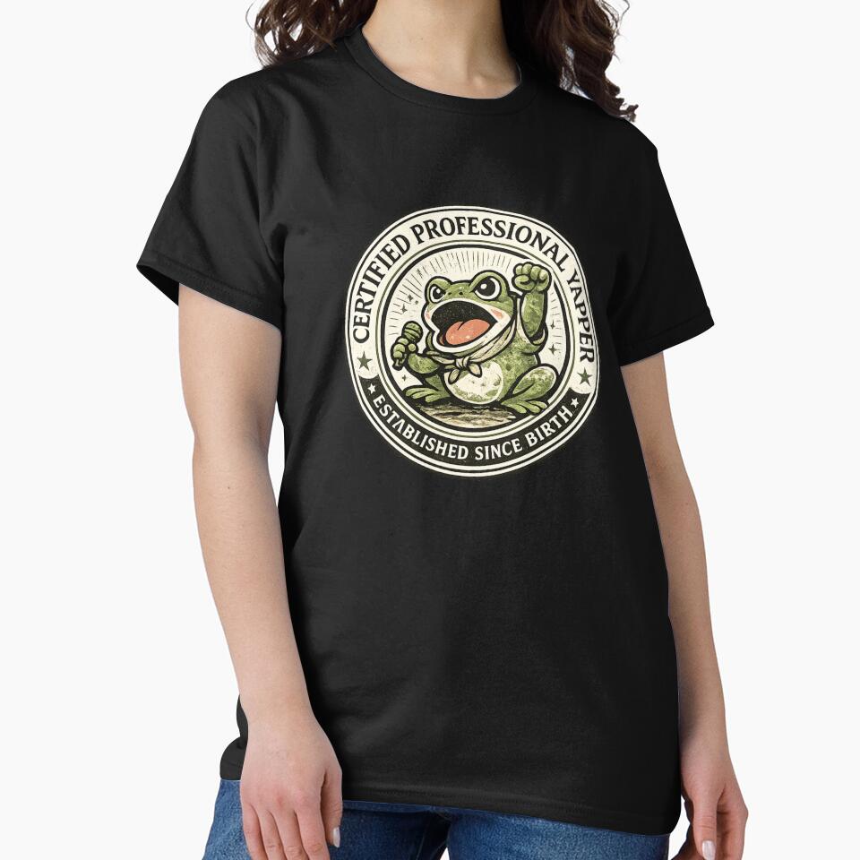 Certified Professional Yapper Frog Funny Badge Shirt Born To Yap Tee Frog Lover Gift Sarcastic Humor Shirt by Moss & Mellow