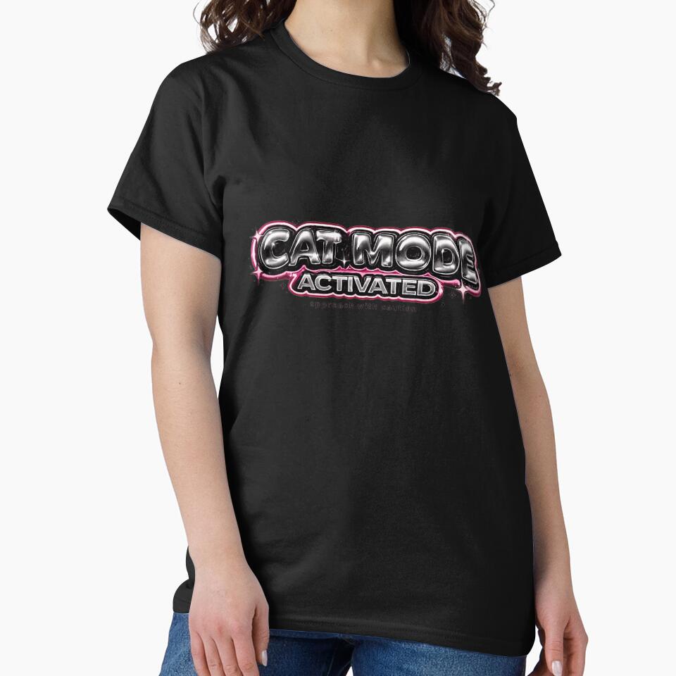 Cat Mode Activated Y2K Chrome Bubble Text Shirt Retro 2000s Aesthetic Cat Lover Tee Nostalgic Gift by Moonveil_Studio