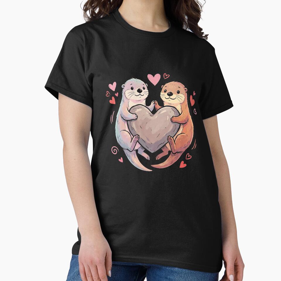 Adorable Sea Otters Couple Holding Heart Rock Art by zzz888