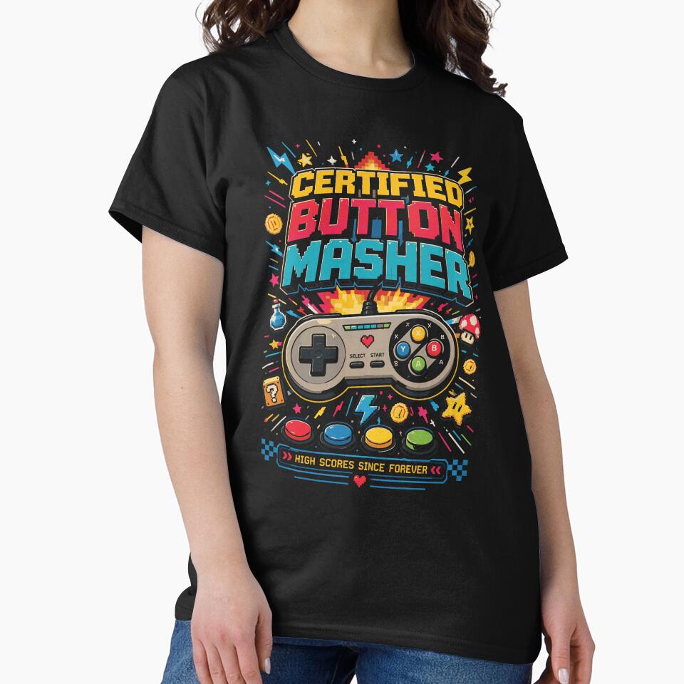 Certified Button Masher – Retro Arcade Gamer Graphic T-Shirt by JIMBOEE