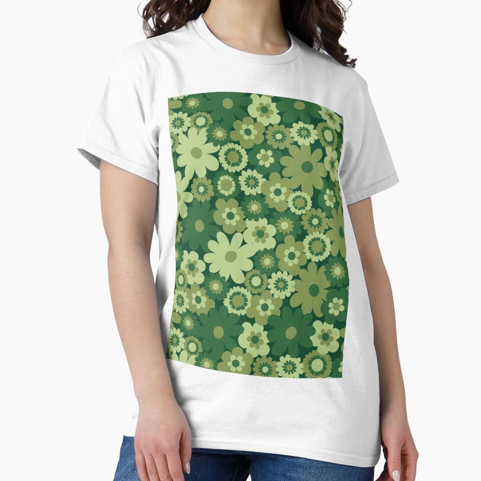 Green 60s retro flower power, retro green, pink, mustard yellow, 60s groovy pattern, hippie flowers by blomastudios