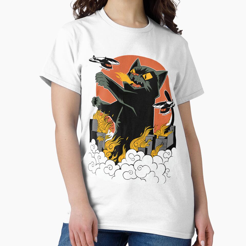 Black Japanese Catzilla Sunset 	 - Classic Fit Crew Neck Cotton  Polyester Blend by vanesajoer