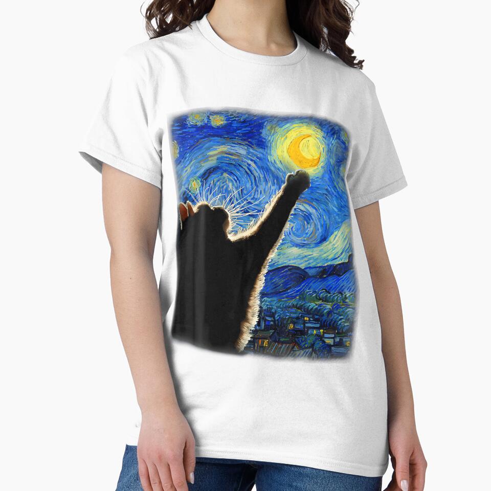 Van Gogh Starry Night Cat 	 - Classic Fit Cat Lovermomdad Gift Black Crew Neck by WalickiTwish