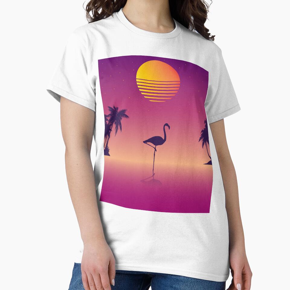 Aesthetic Synthwave Flamingo on Vaporwave beach with palms design by D-C-Designs