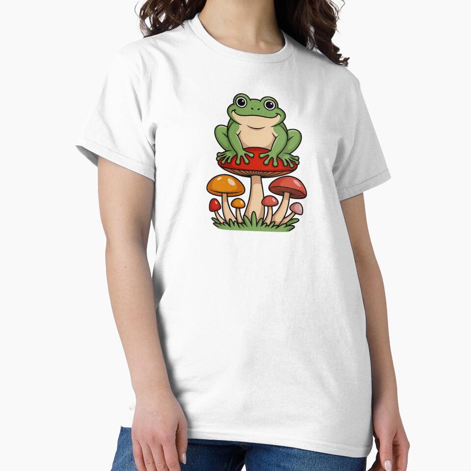Happy Frog on a Mushroom – Cute Cartoon Forest Design by AldenTees