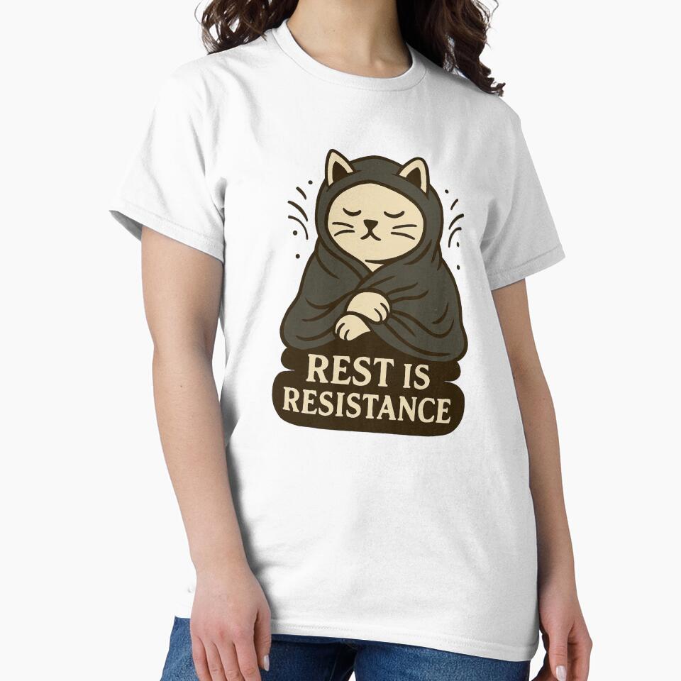 Rest Is Resistance – Minimalist Cat Wrapped in Blanket by Lacritsa
