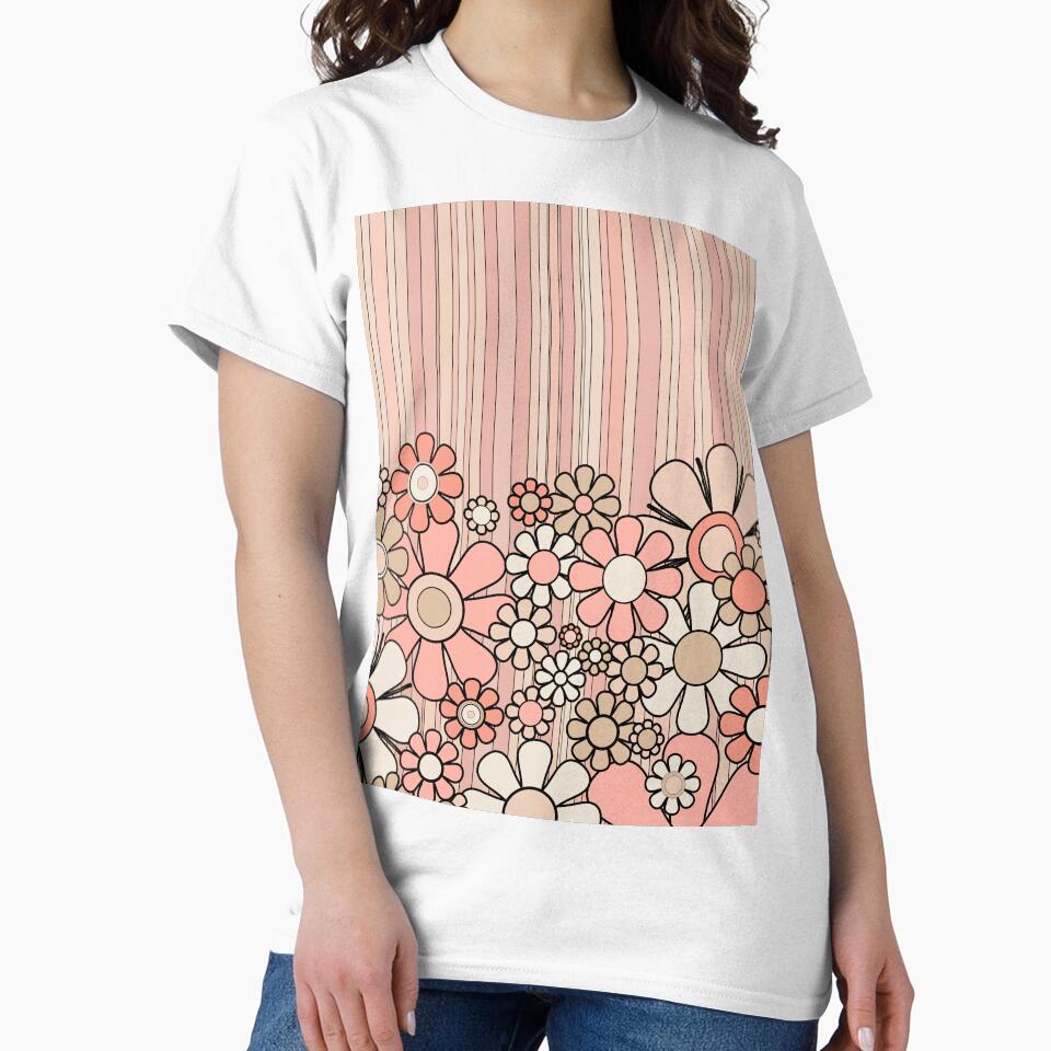 Groovy Retro Garden Flowers and Stripes Vintage Aesthetic Blush Pink and Black Floral Pattern by kierkegaard
