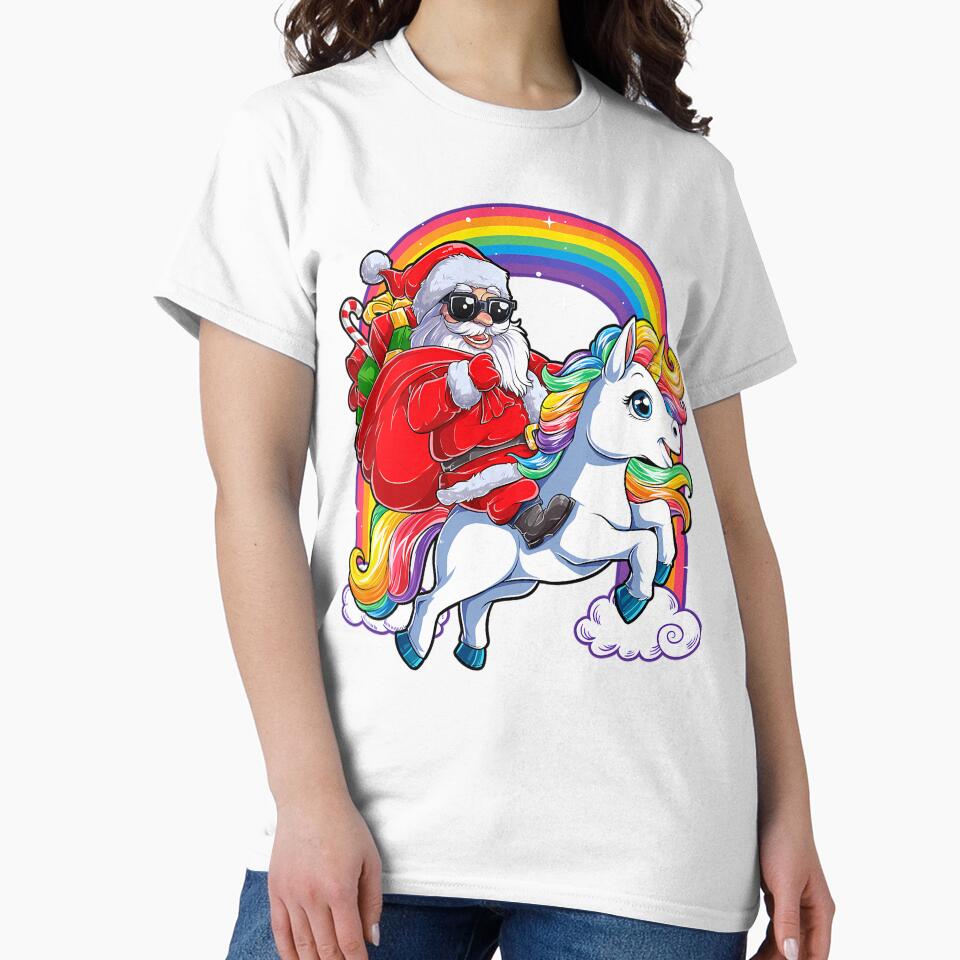 Christmas Santa Riding Unicorn Xmas 	 	 Rainbow Short Sleeve by anzaladamoyev