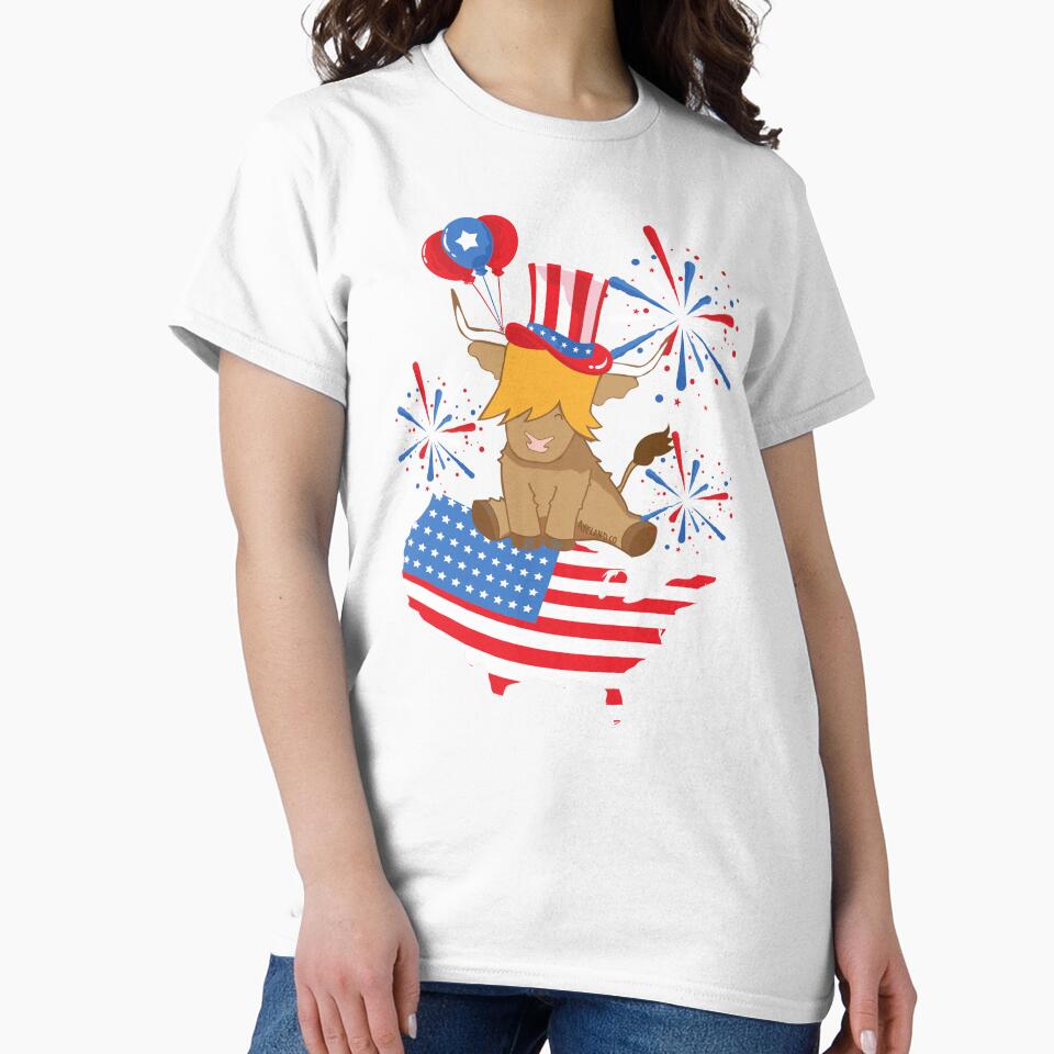 Scottish highland cow 4th of july independence celebration fireworks with USA map by Ayelandco