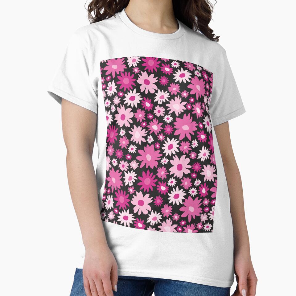 RETRO GROOVY AND FUN FLOWERS BLACK AND PINK by blomastudios