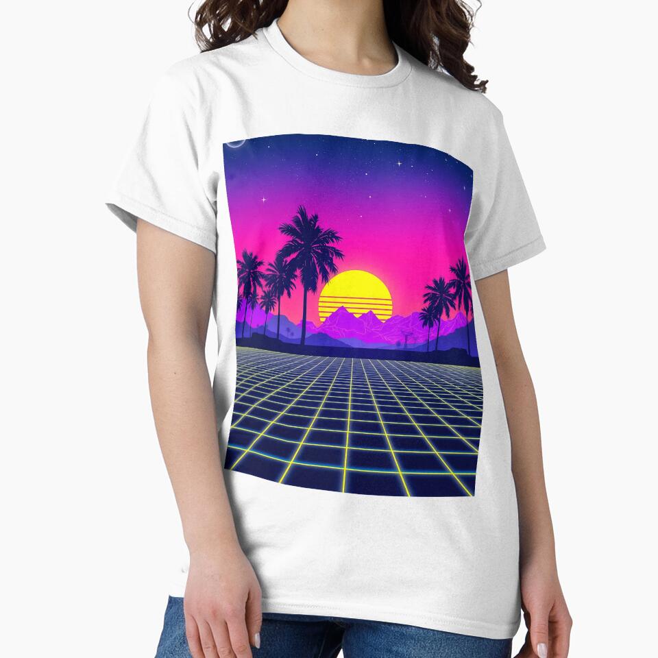 Retro 80s Synthwave Sunset – Neon Grid & Palm Trees by svarupa