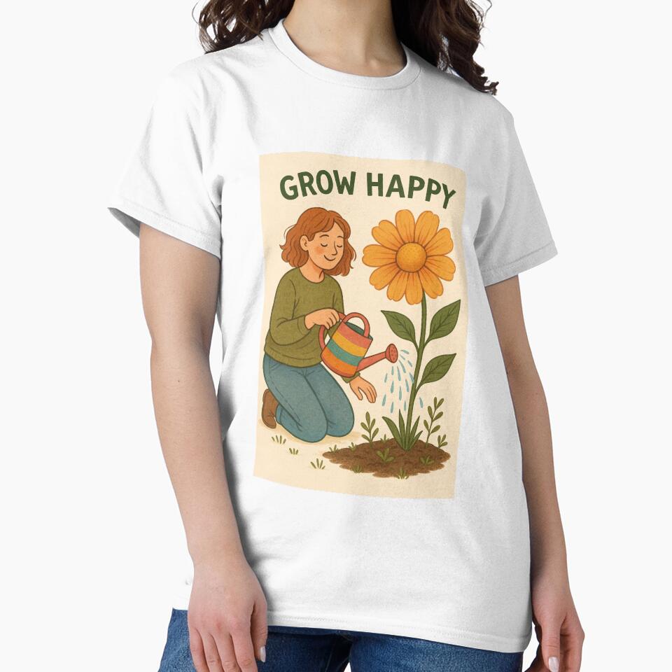 Grow Happy – Gardening Hobby Illustration Flower Plant Watering Plants by Annika Shurafa
