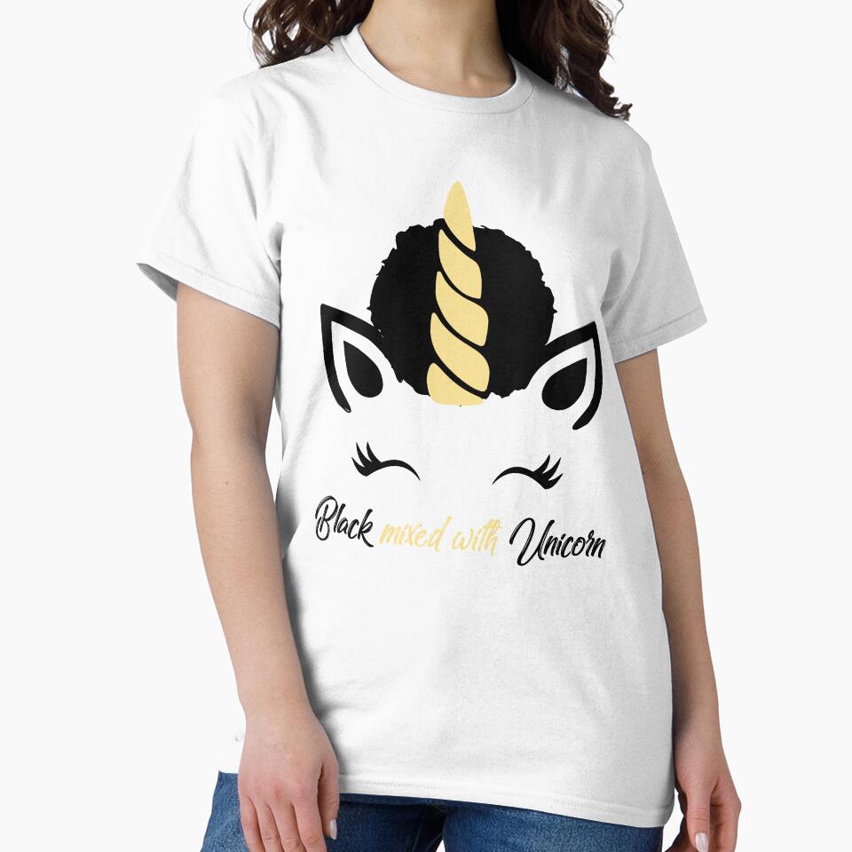 Afro Puff Black Girl Magic Unicorn Shirt - Cute Eyelashes Yellow and Black by LittleBlkTees