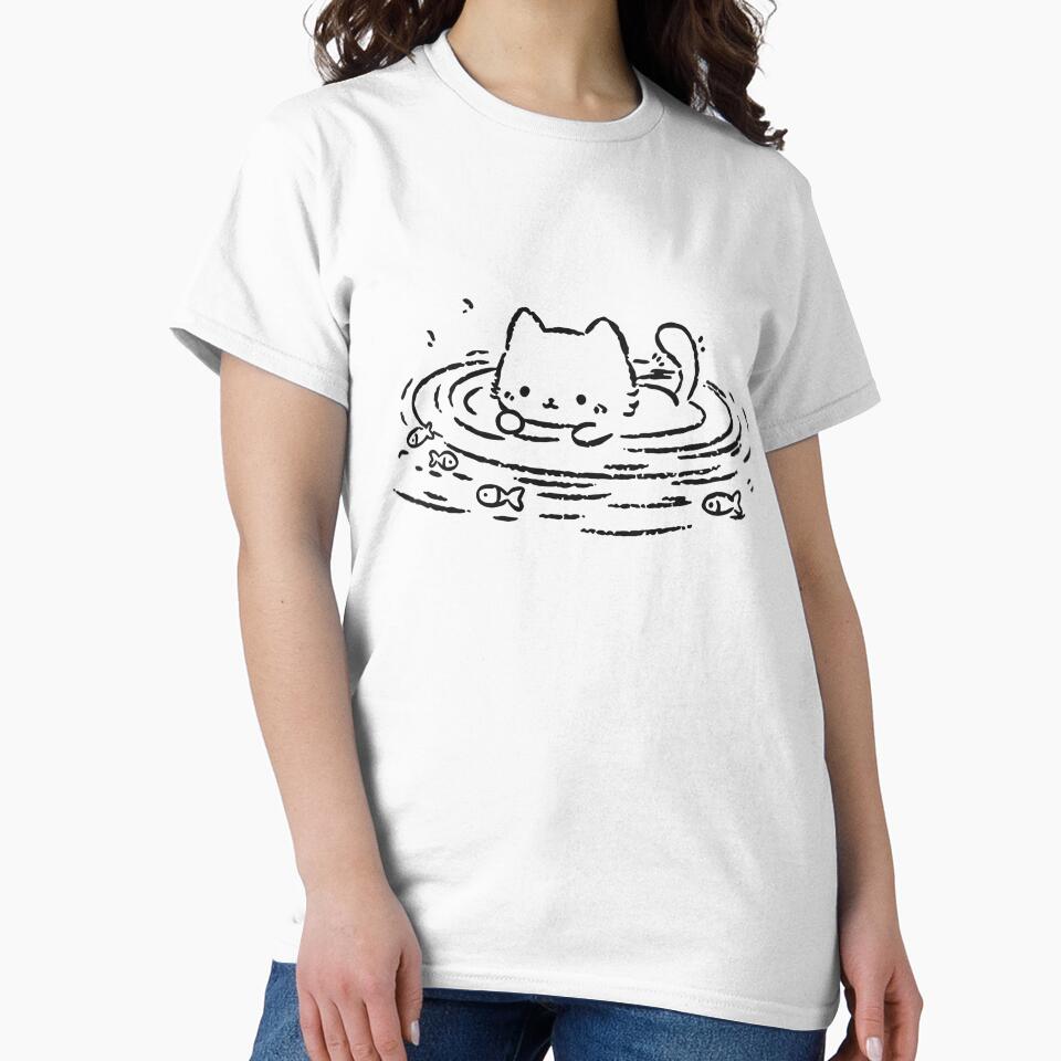 Kawaii Cute Cat Swimming Water Ripples Minimalist Fish by Krasnovaovaova