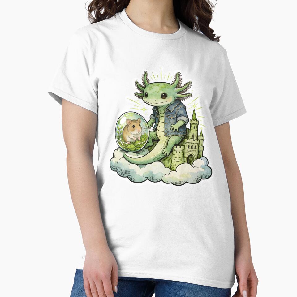Whimsical Axolotl King of the Clouds Art | Cute Amphibian in Denim Jacket & Hamster Castle Watercolor Aesthetic by Cherrydora