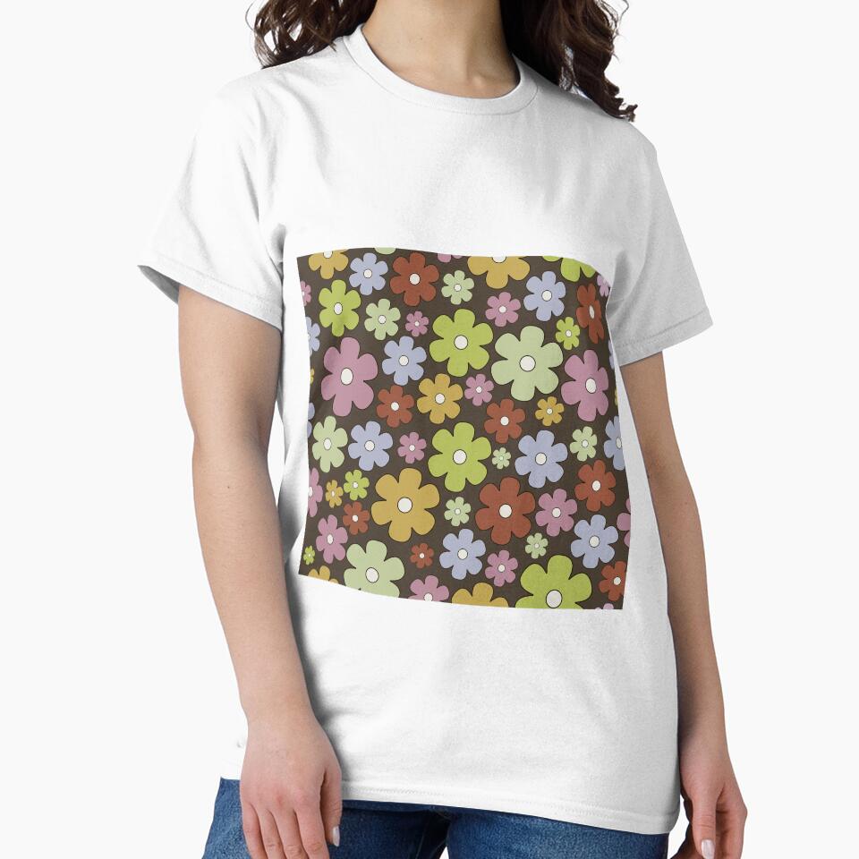 brown pink green  retro groovy 60s flowers daisies by Inktown