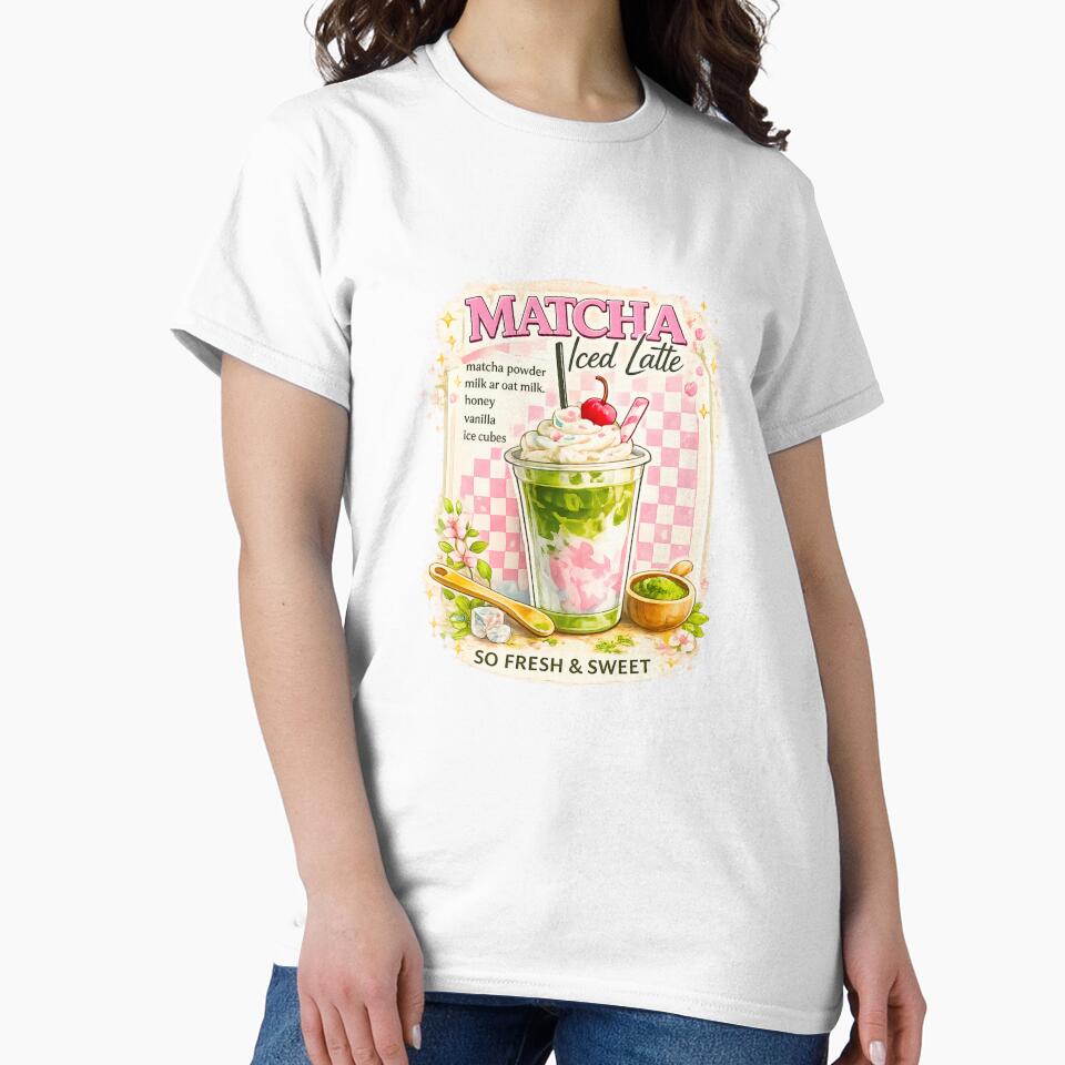 Retro Matcha Iced Latte – Pink Checkerboard Café Art by Sweet shop