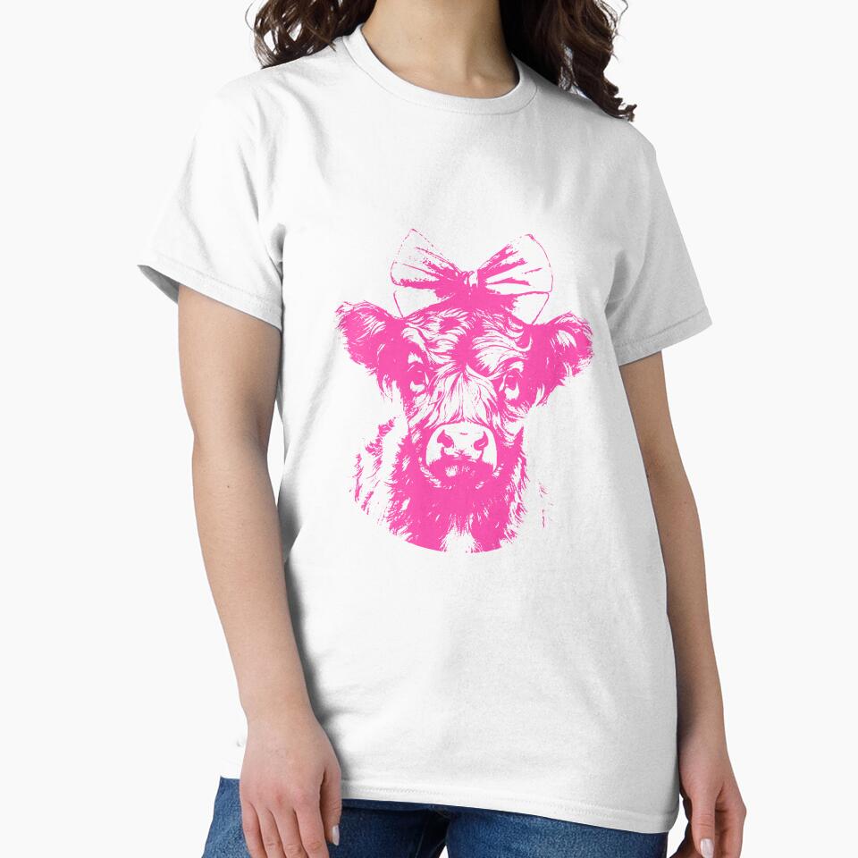 Pink Highland Cow with Bow Cute Kawaii Cow Lover Design by sunnivamla