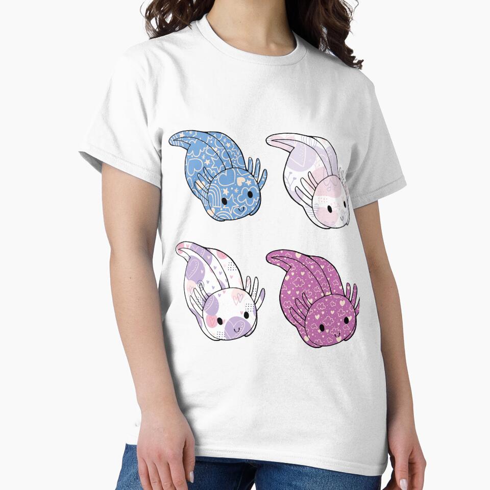 Cute Kawaii Baby Chibi Axolotl in Blue Pink and Purple Pastel Patterns by InkMemories