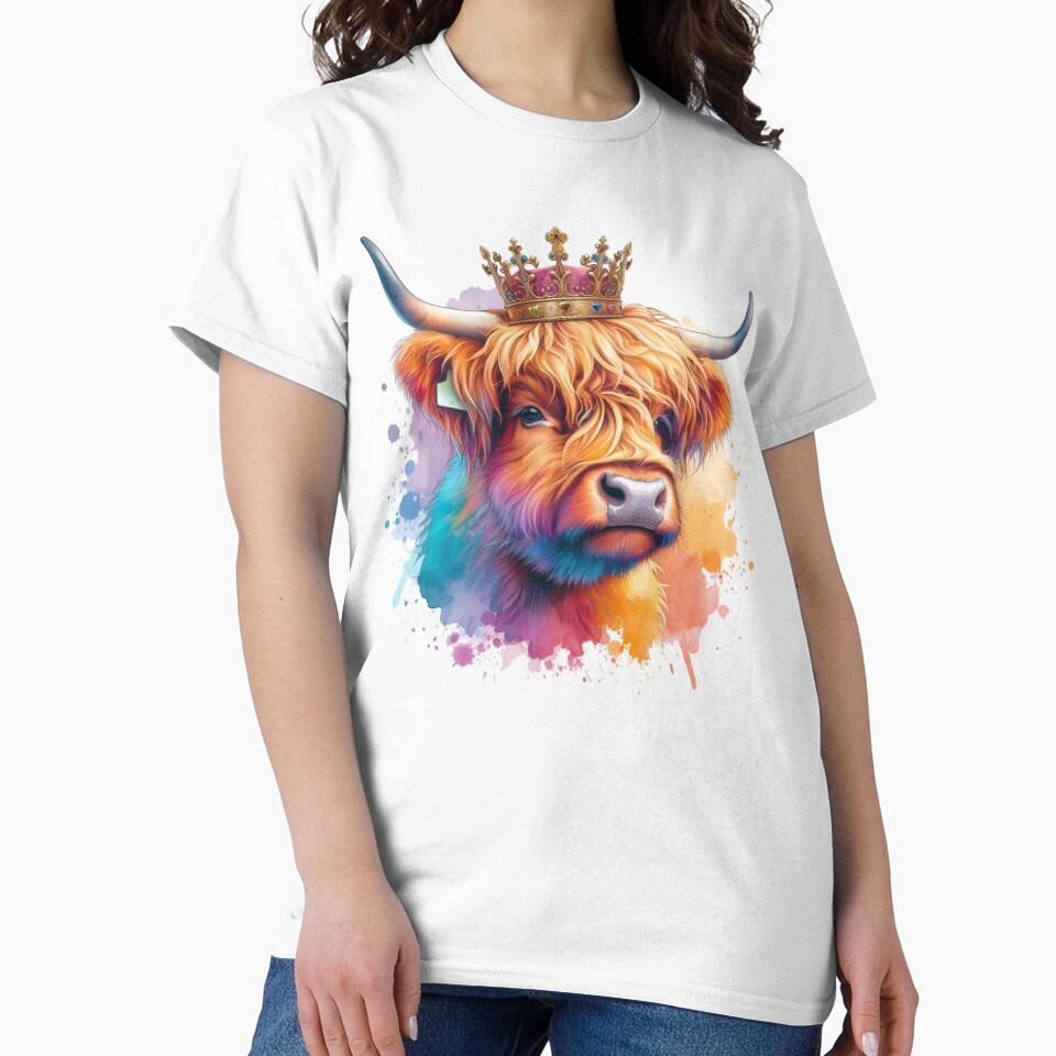 Scottish Highland Cow Wearing a Royal Crown Colorful Watercolor by MaedK