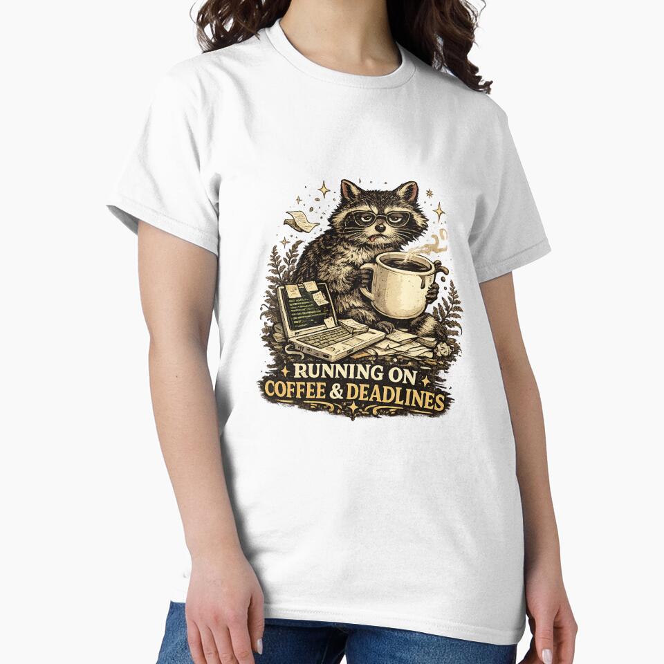 Running On Coffee And Deadlines Raccoon T-Shirt by NeonVoid Studio