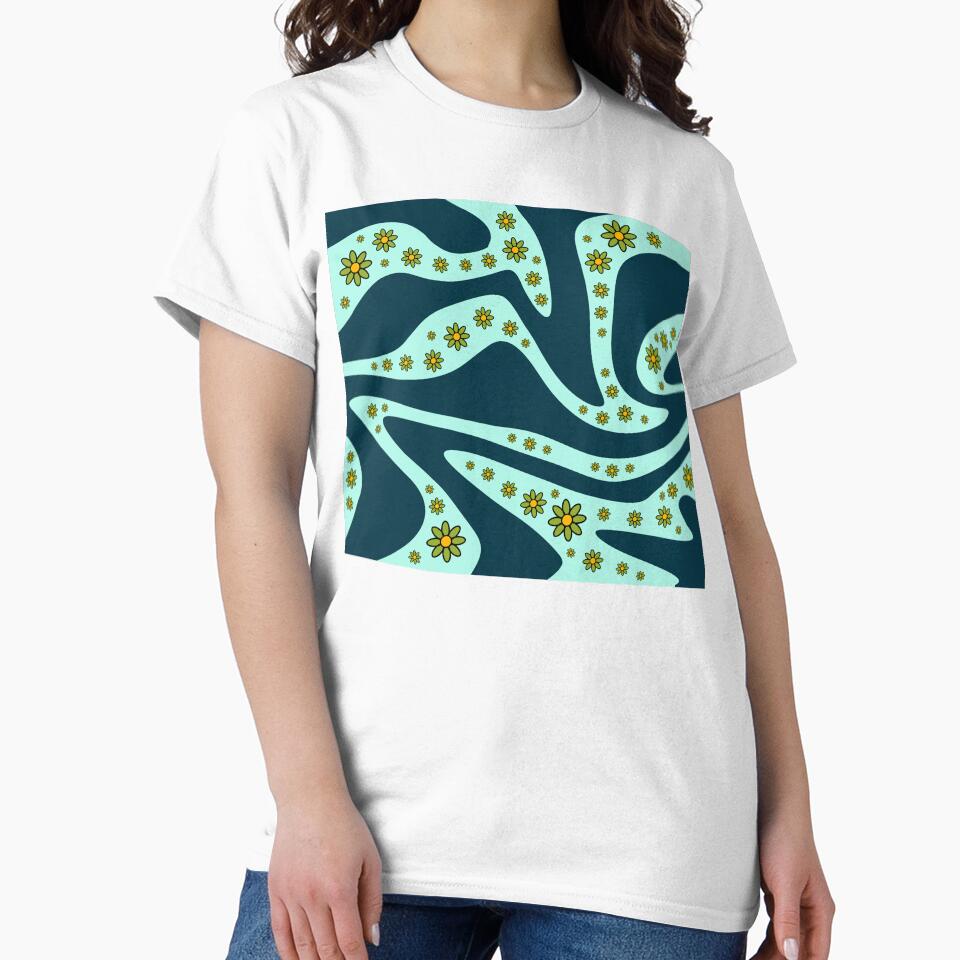 Daisy Floral Retro 60s 70s Teal Pattern by Skull Fern