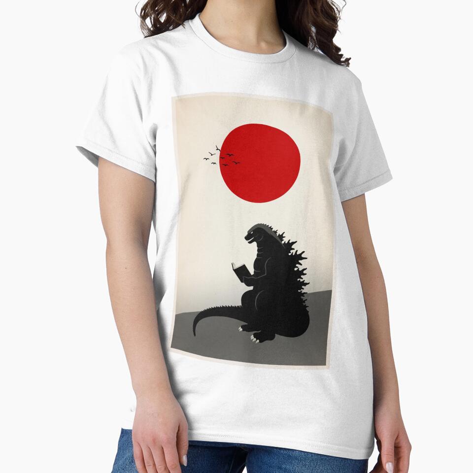 Godzilla Reading Book Japanese Flag | Minimalist Japandi Wall Art by Syrupulse
