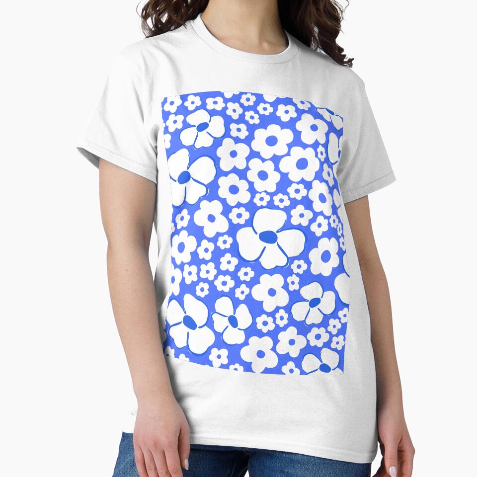 big cute  florals bright blue danish style flowers super retro groovy 60s 70s era by blomastudios
