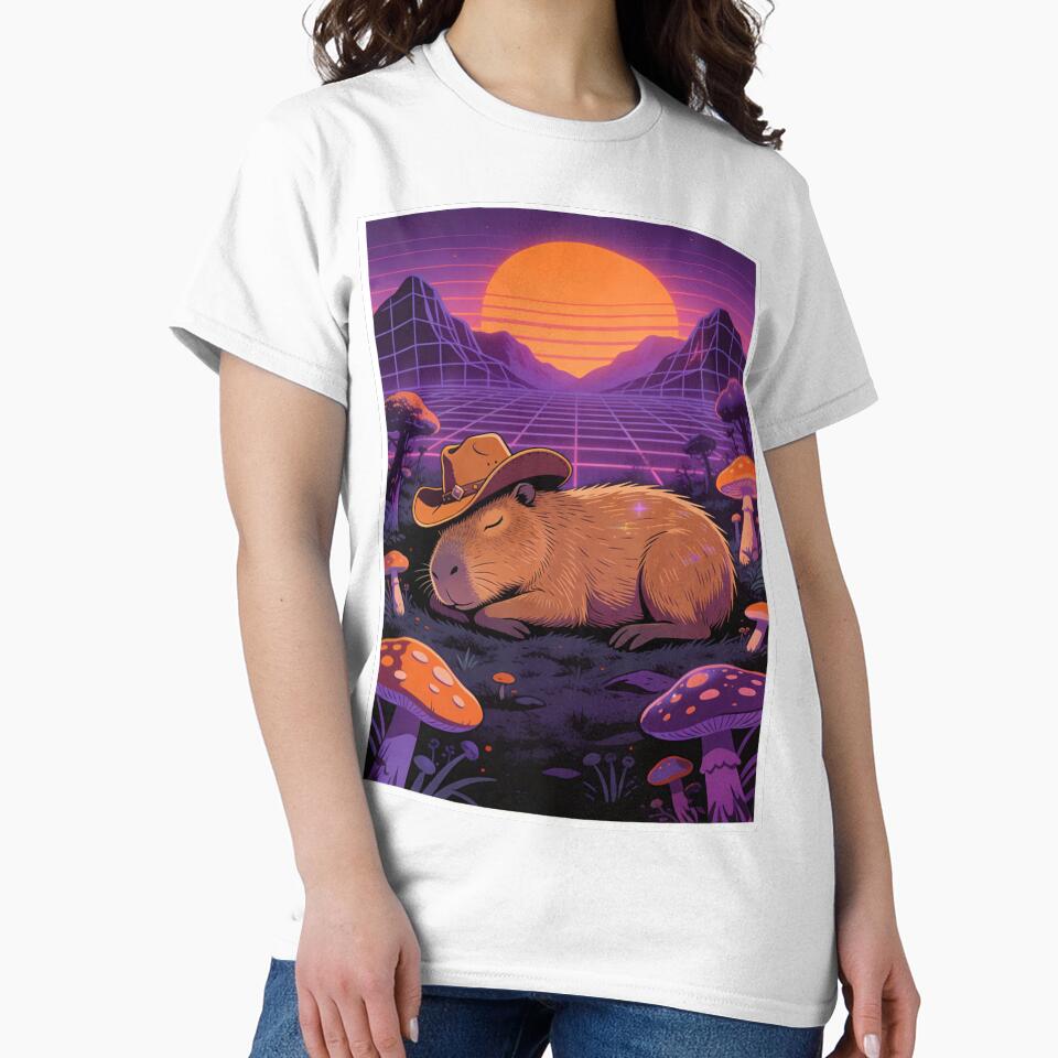 Synthwave Capybara Dream | Retro 80s Grid Sunset Cowboy Aesthetic by Cherrydora