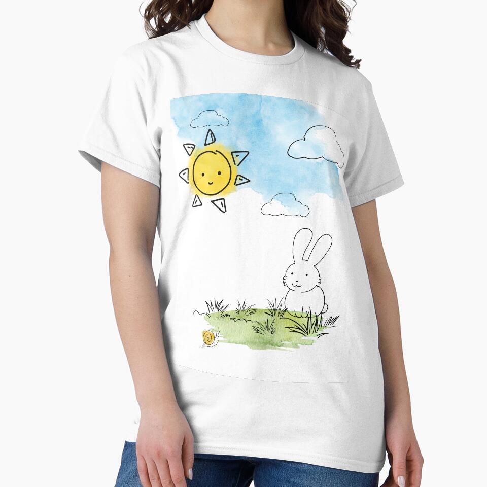 Playful Bunny and Snail – Watercolor & Line Art by AHrubnik