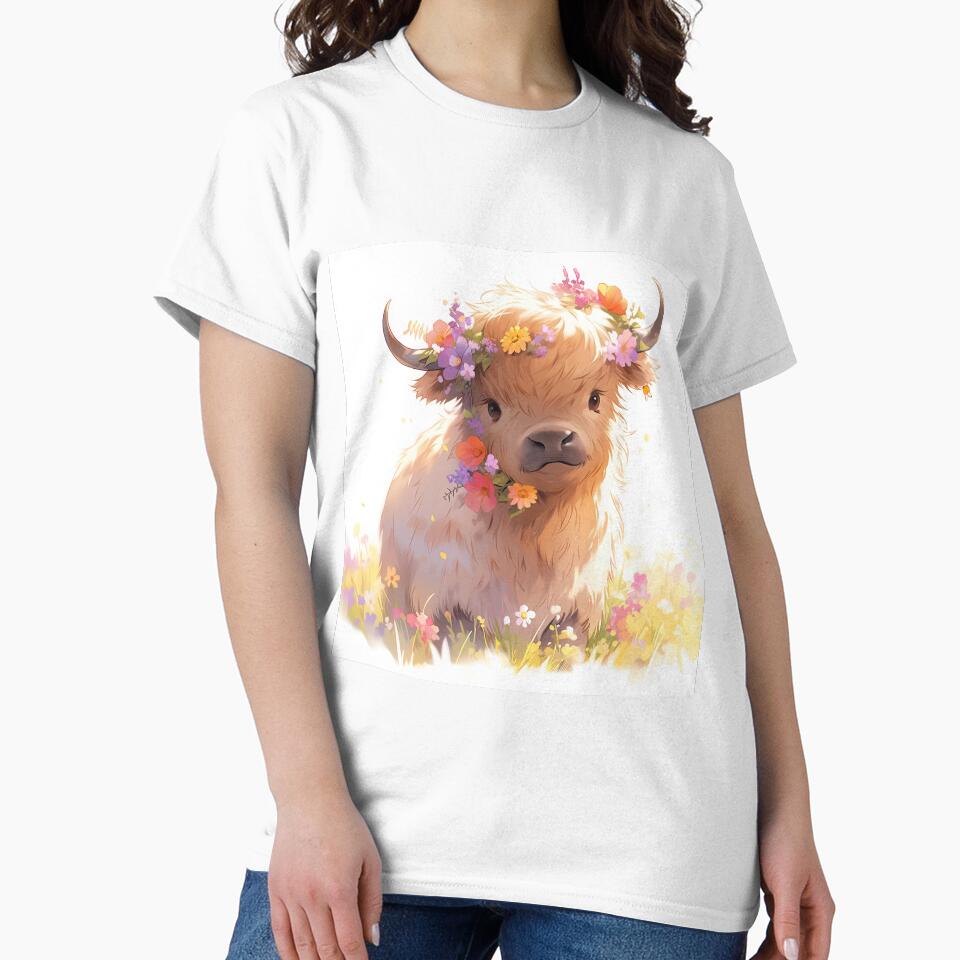Cute highland cow calf baby in kawaii manga anime flower style by WallyPink