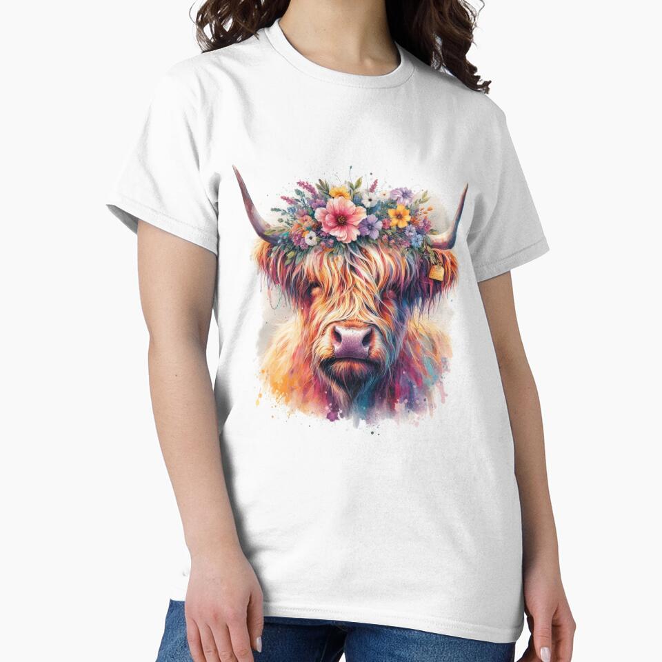 Scottish Highland Cow Wearing a Crown of Flowers Colorful Watercolor by MaedK
