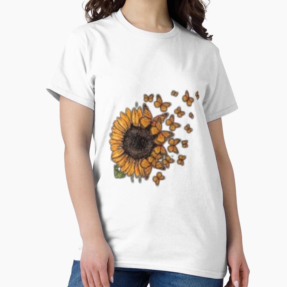 Sunflower Butterfly Print Crew Neck T-shirt, Women's Clothing by Do-It-Over