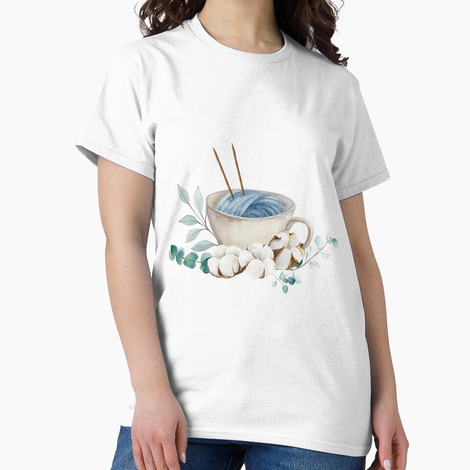 Hand draw watercolor illustration, ball of yarn with double pointed needles in the cup with cotton bolls and eucalyptus branches by TanyaKremen