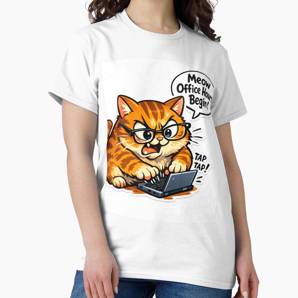 Meow Office Hours Begin – Funny Chubby Cat Working on Laptop Sticker by VibeVauilt