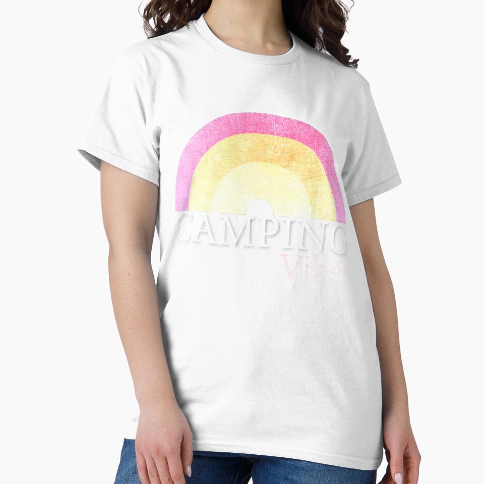 Camping Vibes T Shirt Women Rainbow Graphic Tee Top Casual Outdoors Hiking Shirt by Cheesies