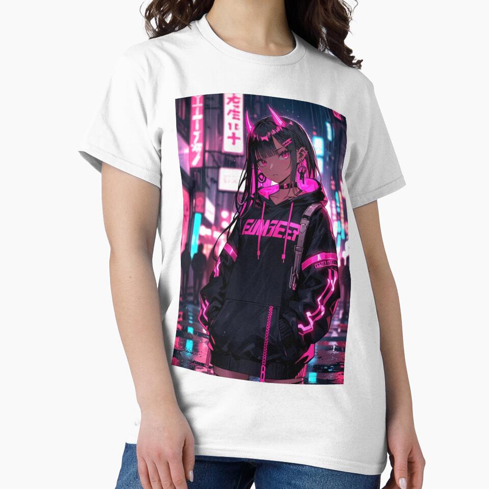 Cyber Girl Pink Neon Hoodie Anime Illustration by AnimDream