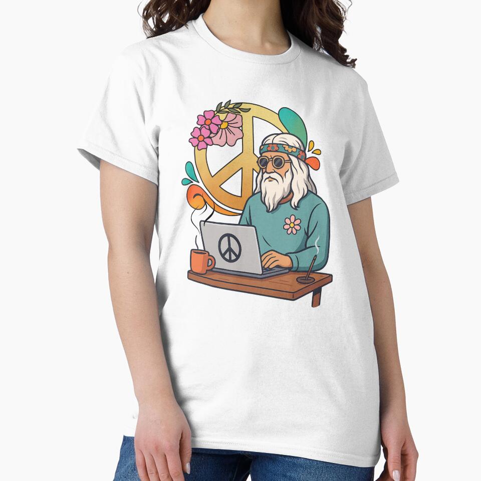 Elderly White Hippie Programmer – Retro Tech Peace Humor Design by Lunaria Arts