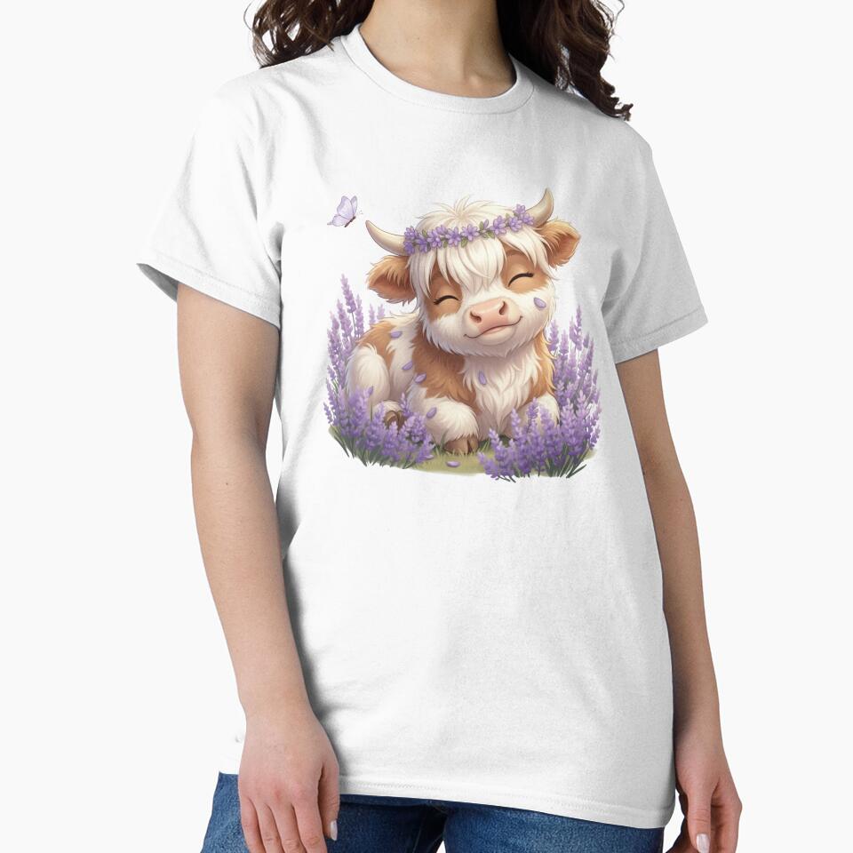 Moo In Bloom Peaceful Highland Cow Lavender Field by HumTumMe