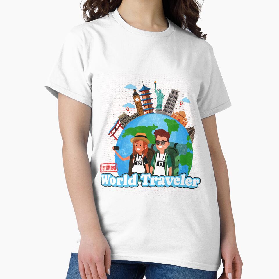 Certified World Traveler – Funny Backpacker Couple Travel Design with Global Landmarks by DonnaRaine